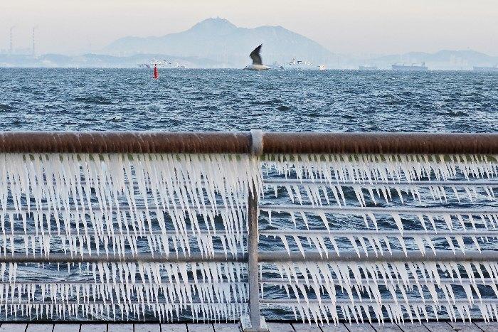 遼寧大連開(kāi)啟冰凍模式 海岸護欄掛冰棱